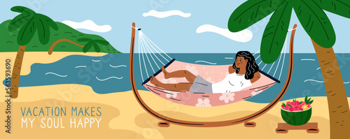 Happy woman rests in hammock. Cartoon girl character lying on hanging couch. Comfortable chill out. Summer vacation. Beach relax. Sunbathing female. Scenic seashore. Garish vector concept