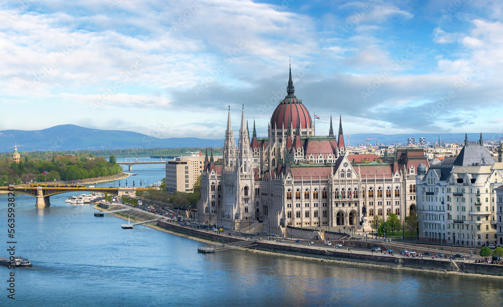 Hungarian Parliament in Budapest, Hungary on the Danube river from above