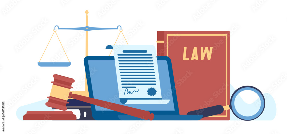 Legal advice and lawyers services. Professional attorney. Notary support. Judge decision. Scales and gavel. Magnifying glass. Business contract. Laptop and law book. Vector concept Legal advice and lawyers services. Professional attorney. Notary support. Judge decision. Scales and gavel. Magnifying glass. Business contract. Laptop and law book. Vector concept