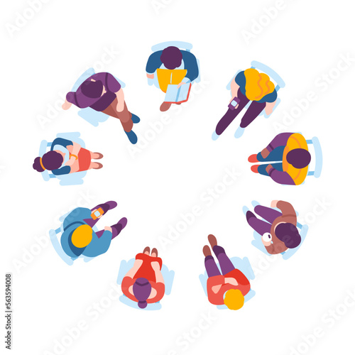 Men and women seated on circular chairs. People sitting in armchairs. Top view. Psychology therapy. Seats in circle. Business brainstorm discussion. Collective consultation. Vector concept