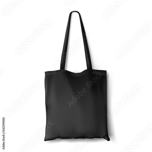 Textile black tote bag for shopping mockup. Vector illustration isolated on grey background. Can be use for your design. EPS10.	 photo