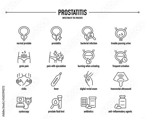 Prostatitis symptoms, diagnostic and treatment vector icon set. Line editable medical icons.