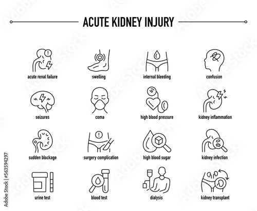 Acute Kidney Injury symptoms, diagnostic and treatment vector icon set. Line editable medical icons.