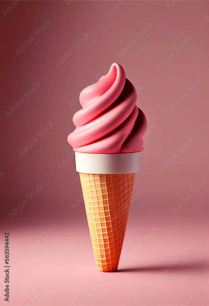 ice cream in a waffle cone with pink syrup on the background, copy space. Sweet food, creative design. generative AI