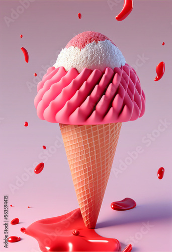 ice cream in a waffle cone with pink syrup on the background, copy space. Sweet food, creative design. generative AI