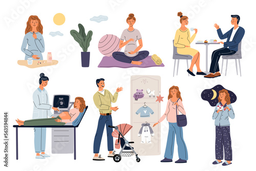 Pregnant woman with husband. Female daily schedule. Future parents preparing for child appearance. Mother and father. Clinic checkup. Baby clothing shopping. Garish vector maternity set