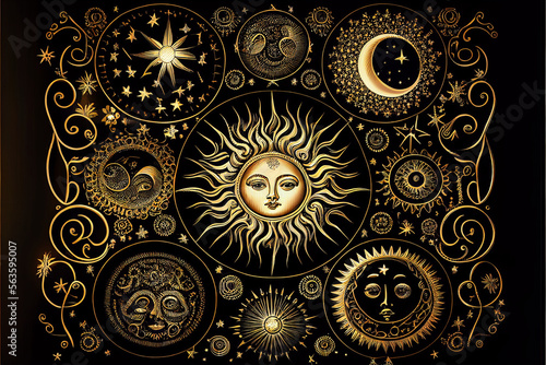 Mystic gold with stars, moon phases, crescents, arrows and copy space on a black background. Ornate shiny magical tarot card with space for text. generative AI