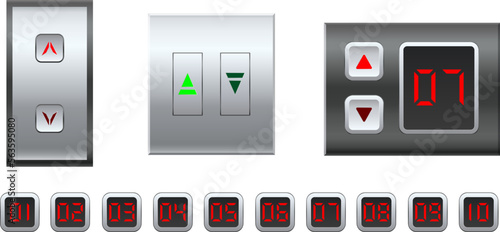 Realistic elevator buttons. Stage transportation. Navigation shiny numbers. Control panel. Moving levels. Stainless steel. Building hallway. Hall interior. Vector isolated elements set