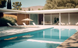 Generative AI illustration of american mid-century modern house with swimming pool