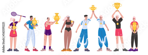 Sport competition winners. Happy athletes. Sportive people with medals and cups. Champions hold well deserved awards. Different characters. Tennis and swimming. Vector sportsmen set