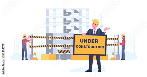 Under construction. Workman with sign board. City warning symbol. House building. Industrial workers. Real estate development. Confused foreman showing caution icon. Vector concept