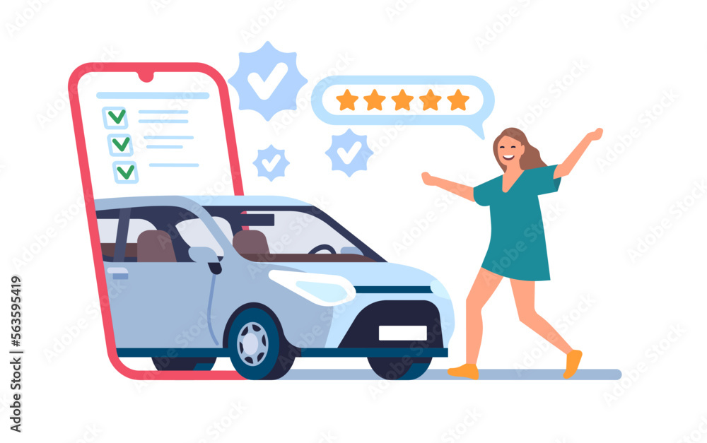 Woman rents or buys car online. People making purchase by mobile application. Automobile internet trade. Buyers with new vehicle. Rating stars. Phone auto shopping app. Vector concept Woman rents or buys car online. People making purchase by mobile application. Automobile internet trade. Buyers with new vehicle. Rating stars. Phone auto shopping app. Vector concept