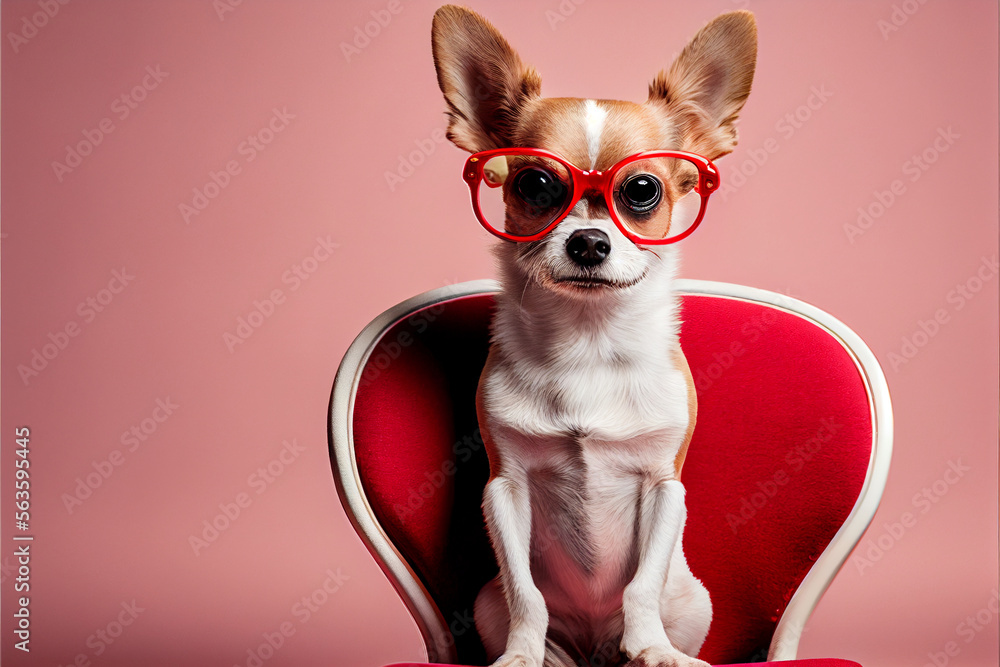 Dog sitting on a chair with glasses on a pink background. Concept love holiday Valentine's Day, women's day, space for text. generative AI