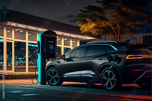Electric car charging at a gas station in the city  green energy of the future  neon illuminated signs in the city and cars. generative AI