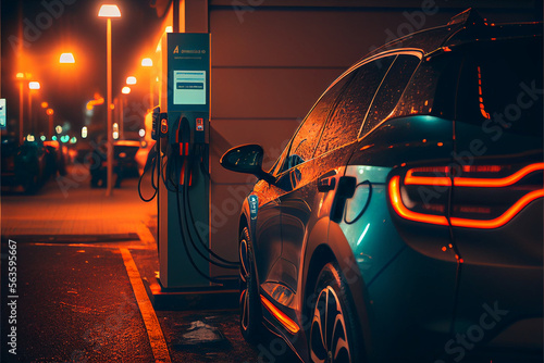 Electric car charging at a gas station in the city, green energy of the future, neon illuminated signs in the city and cars. Eco concept. generative AI