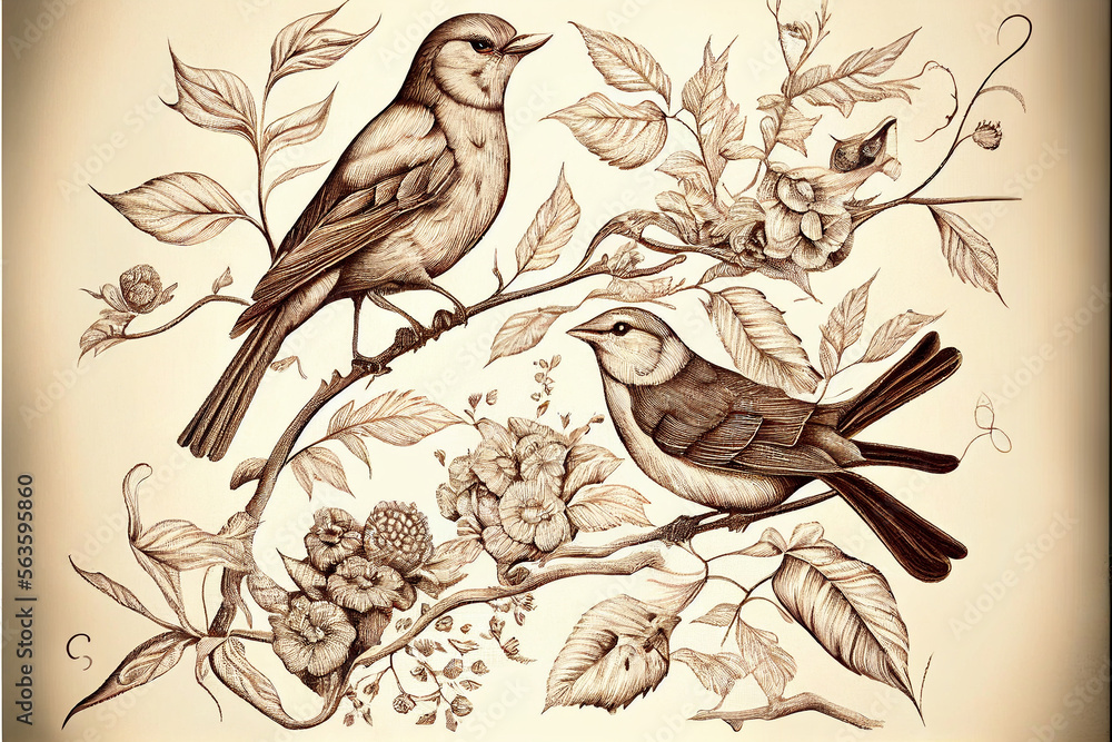 Textile pattern pattern birds sparrows on branches flowers and plants in floral and animalistic style on beige background, space for text, monochrome color. generative AI Textile pattern pattern birds sparrows on branches flowers and plants in floral and animalistic style on beige background, space for text, monochrome color. generative AI