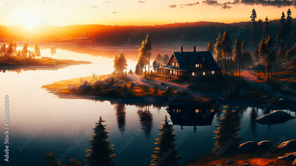 A wide shot of a picturesque Swedish village with colorful houses A wide shot of a picturesque Swedish village with colorful houses