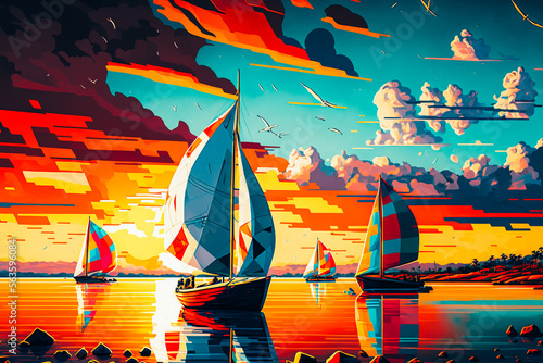 close-up of a sleek and colorful Hinkley Sloop sailboat in the Pop Art Deco