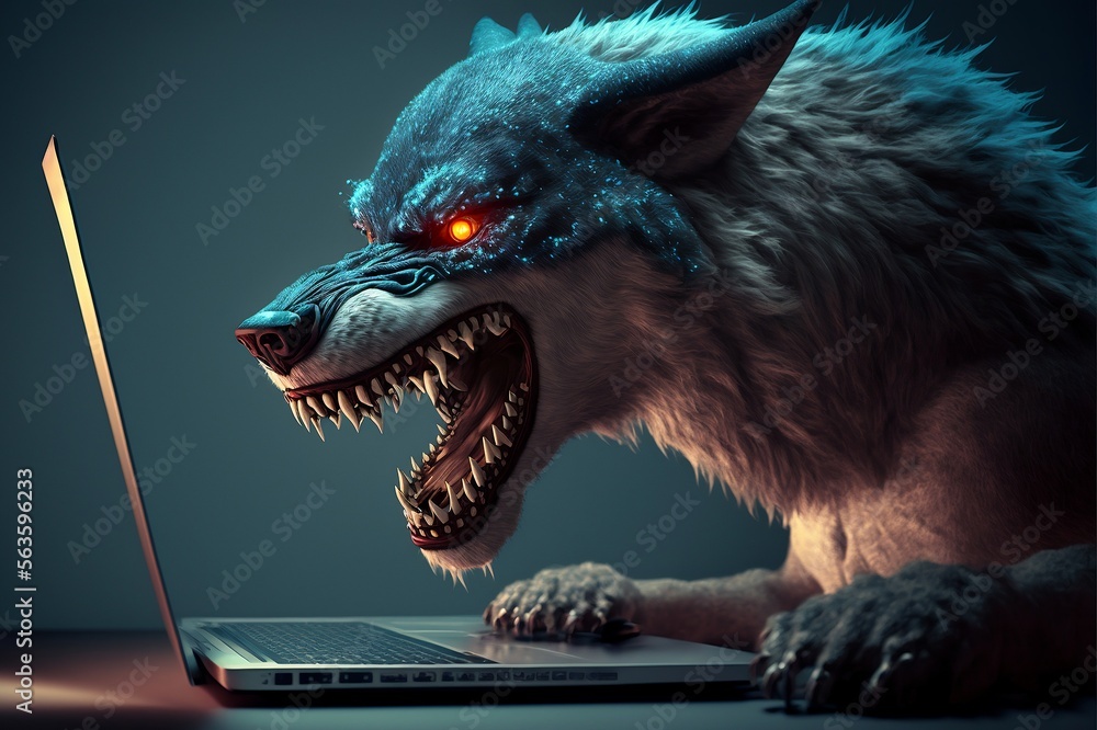 personnage à tête de loup derrière un écran d'ordinateur pour symboliser un prédateur sexuel ou un arnaqueur - illustration IA - obrazy, fototapety, plakaty 
