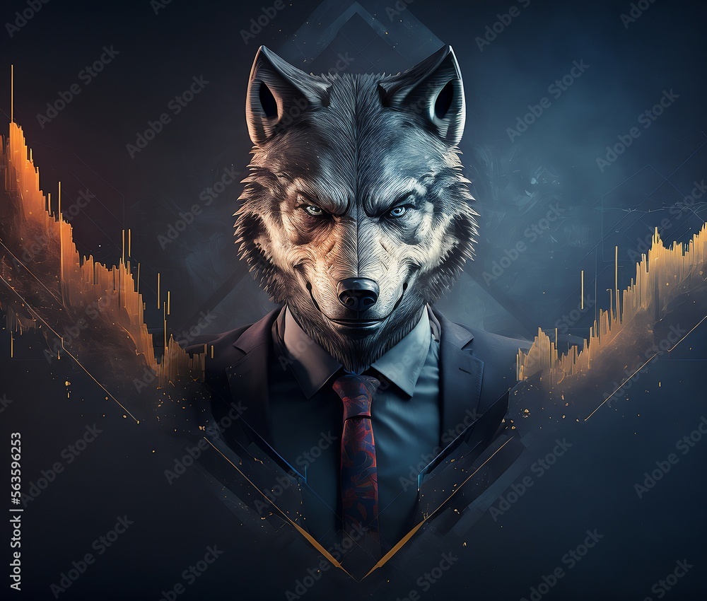 Personnage en costume avec une tête de loup devant un arrière-plan évoquant le trading - illustration ia - obrazy, fototapety, plakaty 