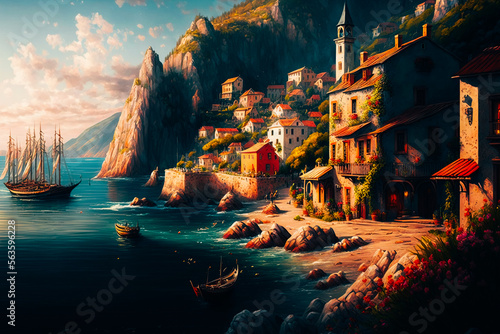 A charming scene of a small coastal village