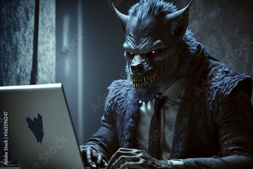 personnage à tête de loup derrière un écran d'ordinateur pour symboliser un prédateur sexuel ou un arnaqueur - illustration IA photo