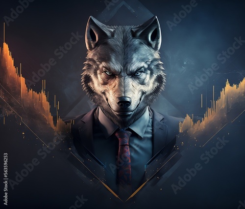 Fotografia Personnage en costume avec une tête de loup devant un arrière-plan évoquant le t