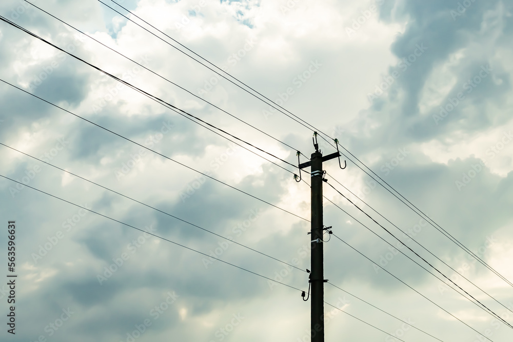 Power electric pole with line wire on colored background close up Power electric pole with line wire on colored background close up