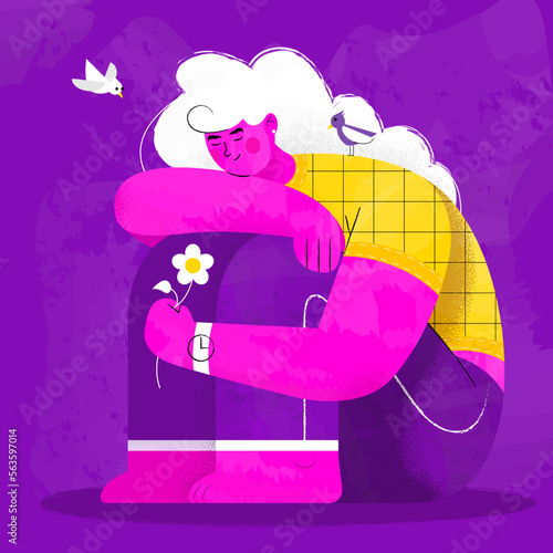 Girl with a flower flat art. Seated girl with a flower on a purple background flat illustration. Vector Illustration
