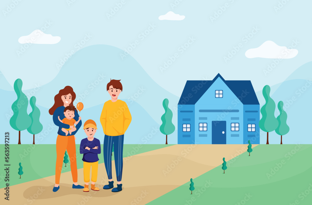 Father,Mother and children standing in front of their home,plenty of green grass and trees,drawing in cartoon style