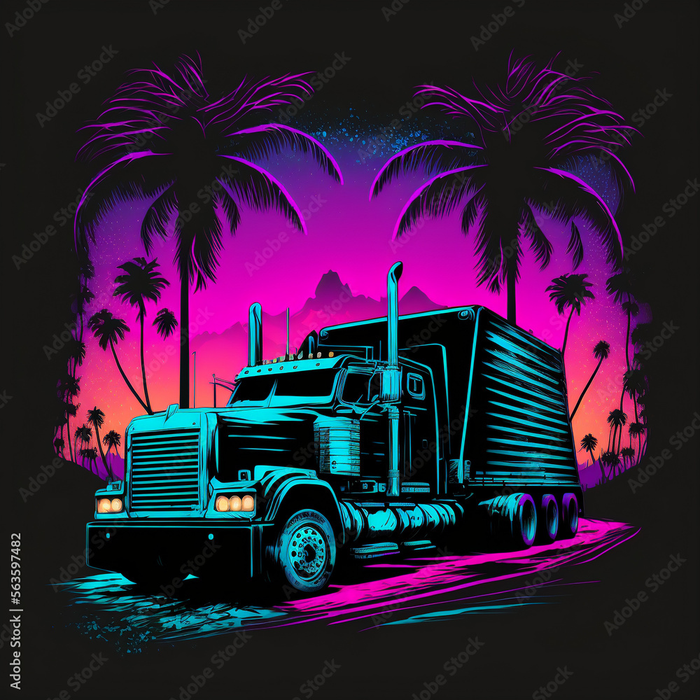 Neon truck on neon pink background - Illustration of a cool truck