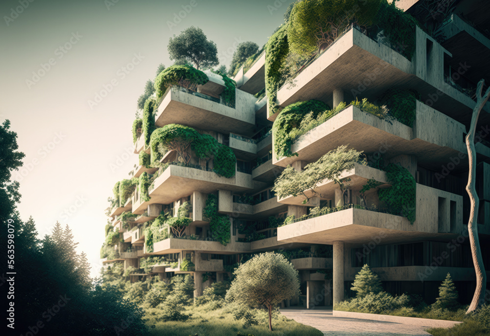 modern architecure with green nature created with Generative AI technology
