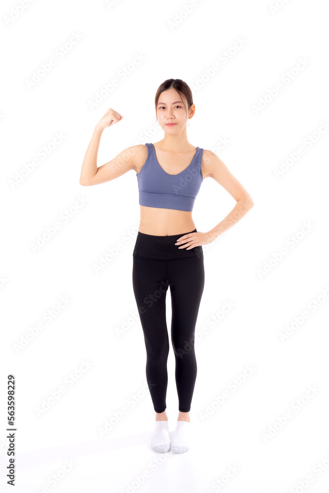 Portrait of beautiful young asian woman in sportwear showing strong muscles isolated on white background, sport and exercise for health, training and strength, female slimming with confident. Portrait of beautiful young asian woman in sportwear showing strong muscles isolated on white background, sport and exercise for health, training and strength, female slimming with confident.