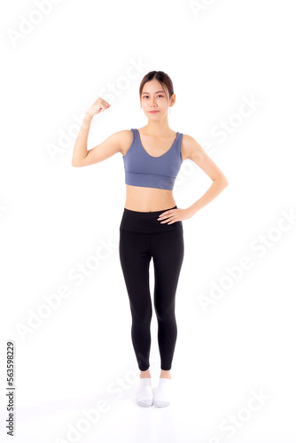 Portrait of beautiful young asian woman in sportwear showing strong muscles isolated on white background, sport and exercise for health, training and strength, female slimming with confident.