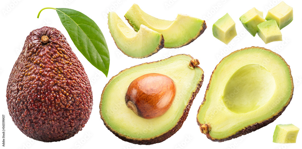 Hass avocado fruits, avocdo slices and leaf on white background. File contains clipping path. Hass avocado fruits, avocdo slices and leaf on white background. File contains clipping path.