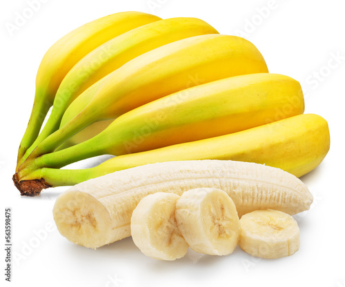 Banana bunch and peeled banana cuts isolated on white background.