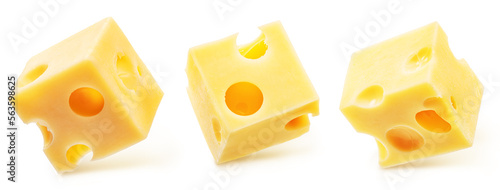 Three cubes of Emmental cheese isolated on white background. Clipping path.