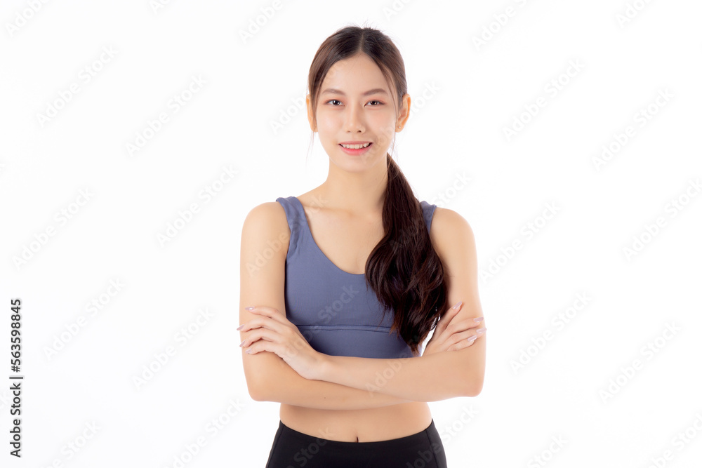 Portrait of beautiful young asian woman in sportwear smile and crossed arms isolated on white background, sport and exercise for health and weightloss, female and slimming with confident and wellness. Portrait of beautiful young asian woman in sportwear smile and crossed arms isolated on white background, sport and exercise for health and weightloss, female and slimming with confident and wellness.