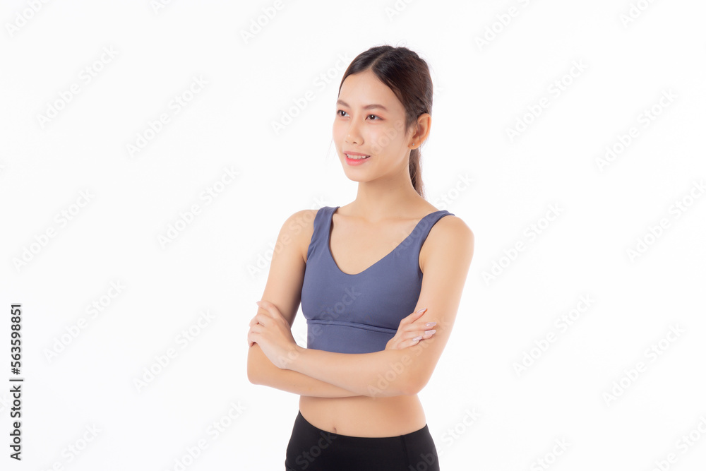 Portrait of beautiful young asian woman in sportwear smile and crossed arms isolated on white background, sport and exercise for health and weightloss, female and slimming with confident and wellness. Portrait of beautiful young asian woman in sportwear smile and crossed arms isolated on white background, sport and exercise for health and weightloss, female and slimming with confident and wellness.
