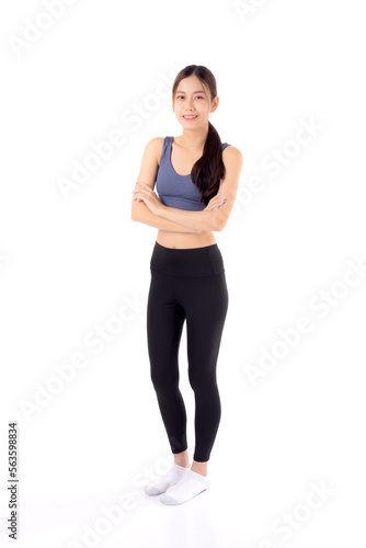Portrait of beautiful young asian woman in sportwear smile and crossed arms isolated on white background, sport and exercise for health and weightloss, female and slimming with confident and wellness.