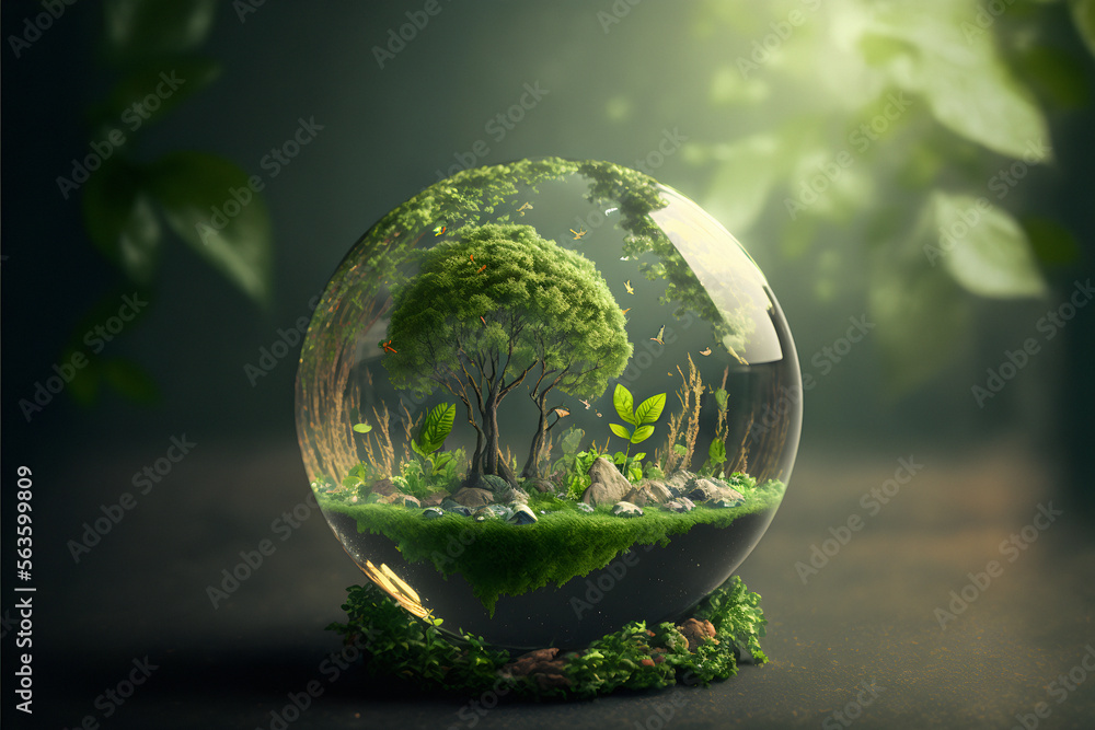 World environment and earth day concept with glass globe and eco friendly environment