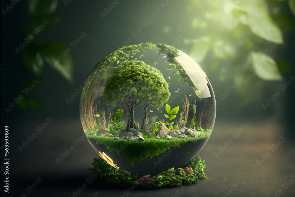 World environment and earth day concept with glass globe and eco friendly environment World environment and earth day concept with glass globe and eco friendly environment