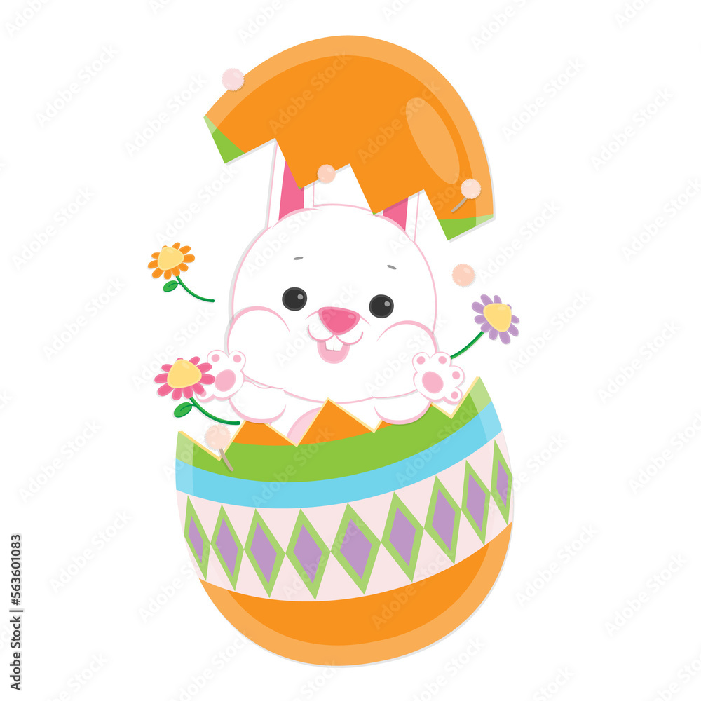 Fototapeta premium Happy Easter Day. Cute white rabbit with Easter egg and colorful flower.