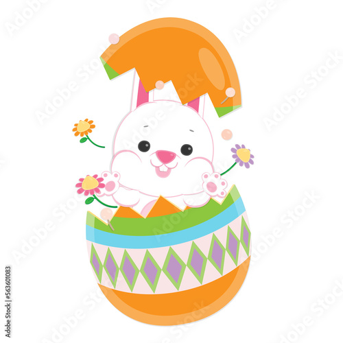 Happy Easter Day. Cute white rabbit with Easter egg and colorful flower.