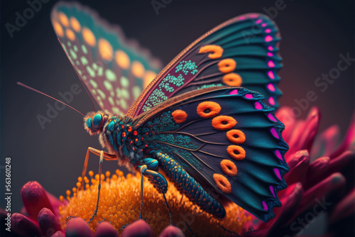 Colorful art of a butterfly sitting on flower. Animals. Generative AI.