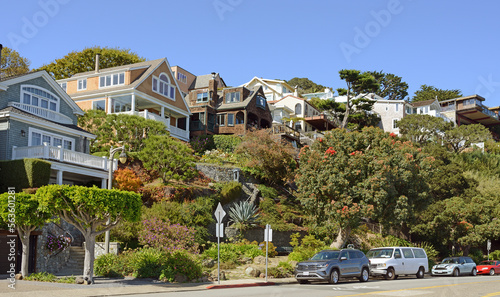 Urban view. Blooming Old Town Sausalito in California