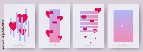 Modern design templates of Valentines day and Love cards, posters, covers  set. Trendy minimalist aesthetic with gradient graphic backgrounds. Red, pale pink, blue purple vibrant colors on white.