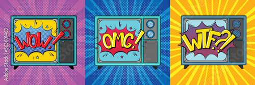 Collection of vintage TV with WOW, WTF  and OMG image. Pop art vector illustration