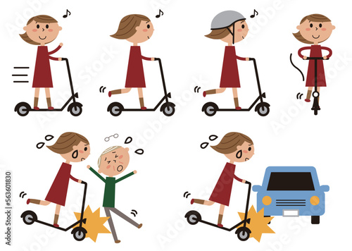 電動キックボードと女性と事故イラストセット