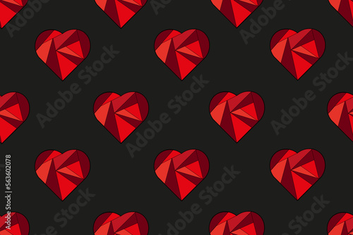 Seamless pattern with mosaic red viva magenta heart. Creative background with red hearts. Wallpaper and fabric print. Valentines day concept. Hipnotize effect backdrop.